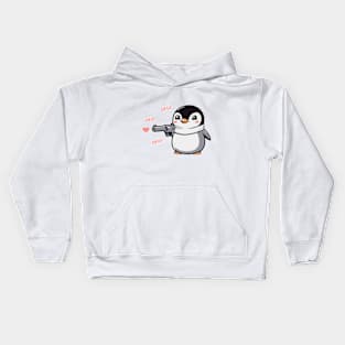 Lovely Penguin with Pistol and Hearts Kids Hoodie